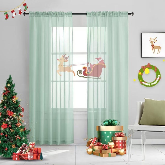 CHRISTMAS MINT GREEN SEMI SHEER CURTAINS 84 INCHES LONG FAUX LINEN MINT GREEN SHEERS ROD POCKET FOR BEDROOM LIVING ROOM GIRLS KIDS ROOM 2 PANELS XMAS 52X84