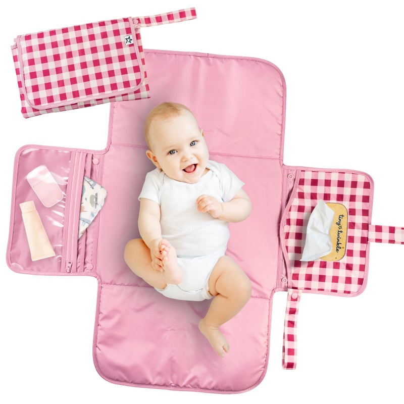 Tiny Twinkle Portable Diaper Changing Pad | Waterproof, Wipeable & Compact Baby Changing Pad for Travel | Smart Wipes Pocket & Organized Storage| Newborn Shower Gift (Raspberry Gingham) - Image 1