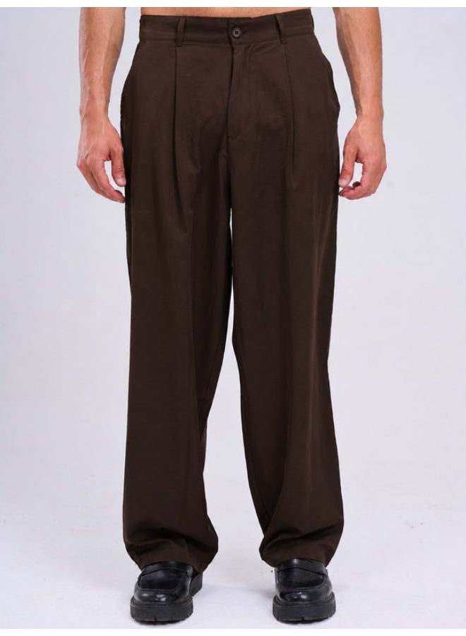 Brown Elastic Waistband Soft Silk Classic Pants
