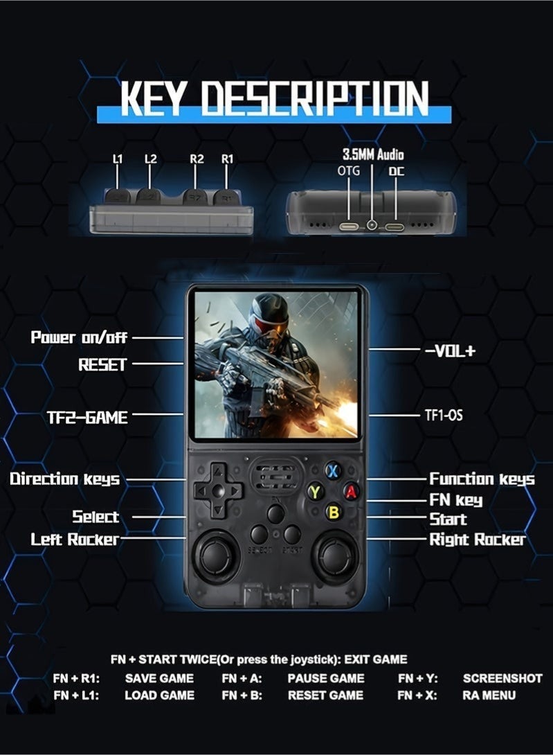 كلوزيلي جهاز ألعاب محمول كلاسيكي، جهاز ألعاب محمول صغير، آلة أركيد صغيرة، مع بطاقة TF بسعة 64G، شاشة IPS مقاس 3.5 بوصة، بطارية قابلة لإعادة الشحن 3500mAh، بطاقة TF مدمجة بسعة 64GB، نظام Linux مفتوح المصدر، دعم OTG، قابل للتوسيع حتى 256GB، هدايا أعياد الميلاد والعطلات - Image 5