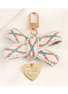 Generic Stylish Plaid Ribbon Keychain, Red, White, and Blue Color Scheme, Fabric Ribbon with Heart Shaped Charm, Gold Tone Metal Lobster Clasp, Handcrafted Woven Design, Trendy and Fashionable Style, Suitable for Keys and Bags 