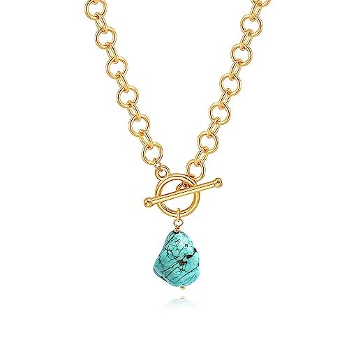 PEARLADA Natural Turquoise Stone Pendant Necklace, Chunky 18k Gold Toggle Necklace, Statement Turquoise Jewelry for Women - Image 1