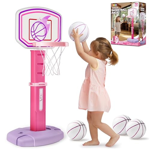 JOYIN Toddler Basketball Hoop Adjustable Basketball Goal with 4 Balls for Kids Indoor Outdoor Play Basketball Arcade Game Christmas Birthday Gift for Boys Girls Age 1 and Up Air Pump Included - Image 1