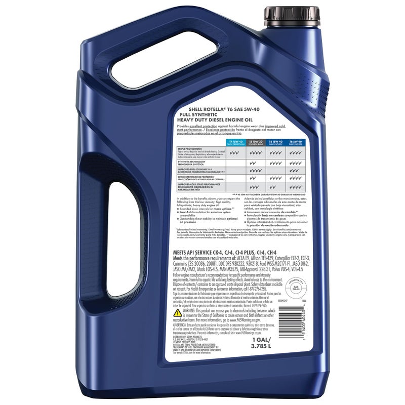 Shell Rotella T6 Full Synthetic 5W-40 Diesel Engine Oil, 1 Gallon - Image 2