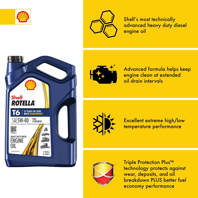 Shell Rotella T6 Full Synthetic 5W-40 Diesel Engine Oil, 1 Gallon - Image 4