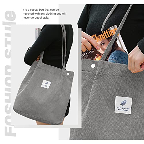 LHMTQVK Corduroy Tote Bags for Women, Large Capacity Corduroy Bag Reusable Grocery Shoulder Bag with Inner Pockets, Dark - Image 5