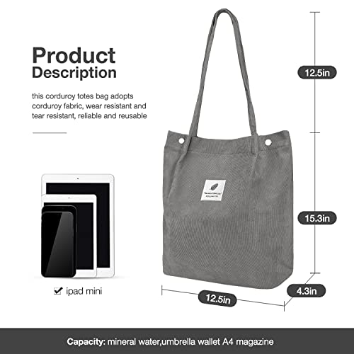 LHMTQVK Corduroy Tote Bags for Women, Large Capacity Corduroy Bag Reusable Grocery Shoulder Bag with Inner Pockets, Dark - Image 2