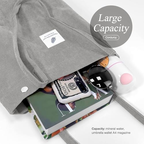 LHMTQVK Corduroy Tote Bags for Women, Large Capacity Corduroy Bag Reusable Grocery Shoulder Bag with Inner Pockets, Dark - Image 3