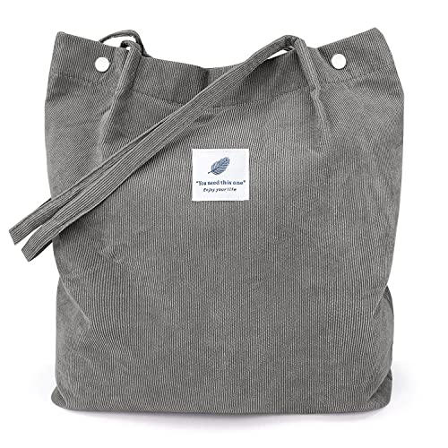 LHMTQVK Corduroy Tote Bags for Women, Large Capacity Corduroy Bag Reusable Grocery Shoulder Bag with Inner Pockets, Dark - Image 1