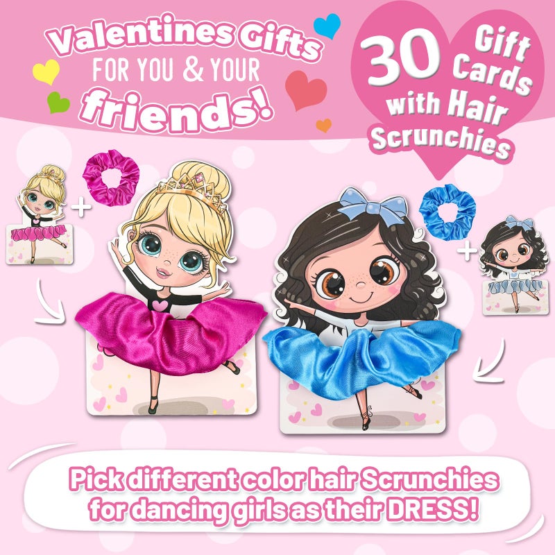 ATFUNSHOP Valentines Day Gifts for Girls 30 PACK Dance Ballet Girl Valentine Cards and Scrunchies, Exchange Classroom Gift for Students, Ballerina Rave Trinkets for Kids, Girl Birthday Return Gifts - Image 2