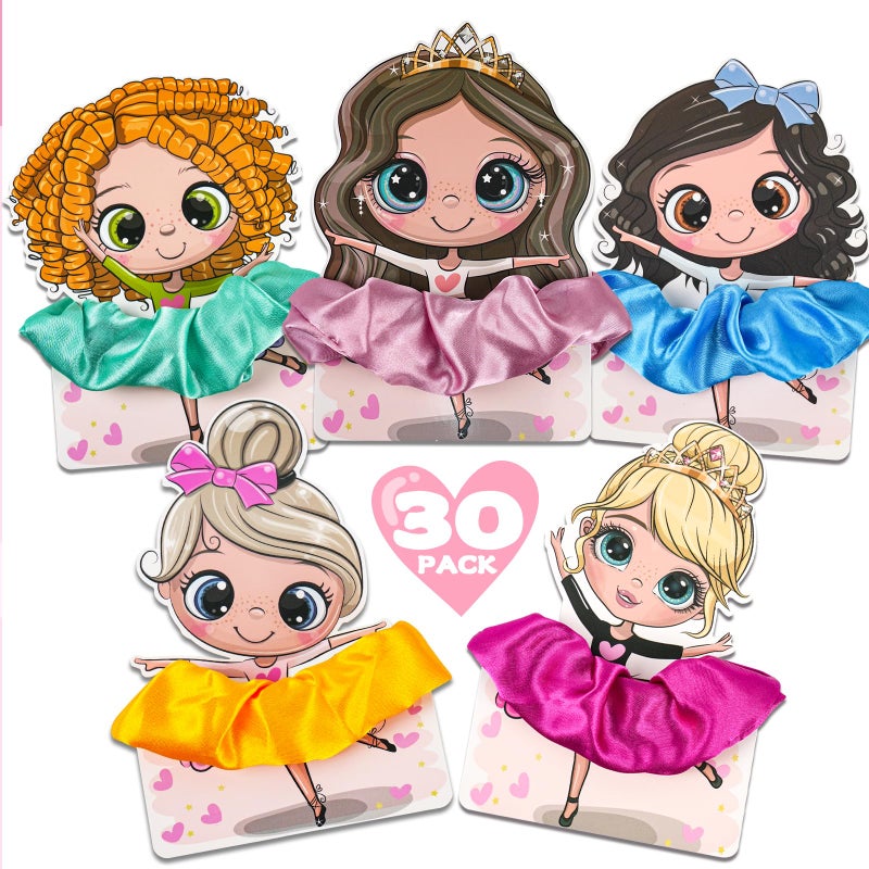 ATFUNSHOP Valentines Day Gifts for Girls 30 PACK Dance Ballet Girl Valentine Cards and Scrunchies, Exchange Classroom Gift for Students, Ballerina Rave Trinkets for Kids, Girl Birthday Return Gifts - Image 1