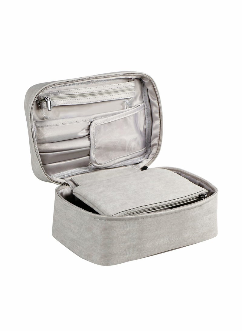 SYOSI Travel Makeup Bag Cosmetic Case Organizer with Brush Holder Pouch and Portable Storage Bag for Purse, Large Toiletry Make Up Bag for Women and Girls (Grey)  - Image 1