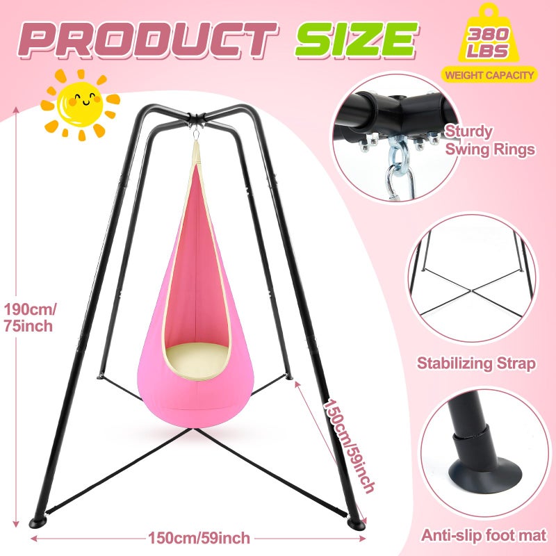 Lingvee Swing Stand Frame with Sensory Pod Chair and Swings Set Kid Heavy-Duty Metal Swing Frame Hammock Chair Stand Tree Saucer Sensory Round for Kids Adult Indoor Outdoor Backyard Park(Pink) - Image 2