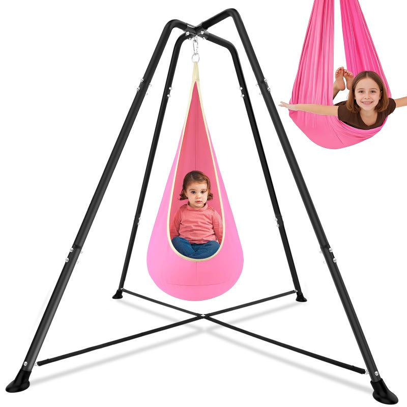 Lingvee Swing Stand Frame with Sensory Pod Chair and Swings Set Kid Heavy-Duty Metal Swing Frame Hammock Chair Stand Tree Saucer Sensory Round for Kids Adult Indoor Outdoor Backyard Park(Pink) - Image 1