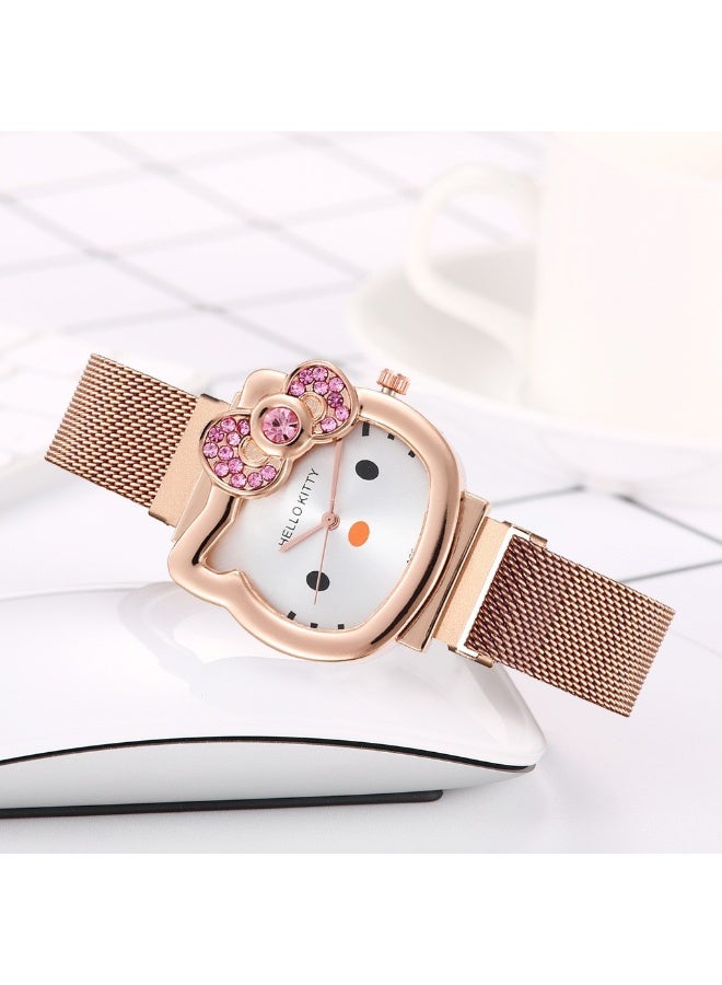 هاي هيلوك ساعة كريستالية مزينة بالأحجار - ساعة برباط مغناطيسي على شكل bow لطيف لقطط كارتونية للفتيات/المراهقات - Image 2