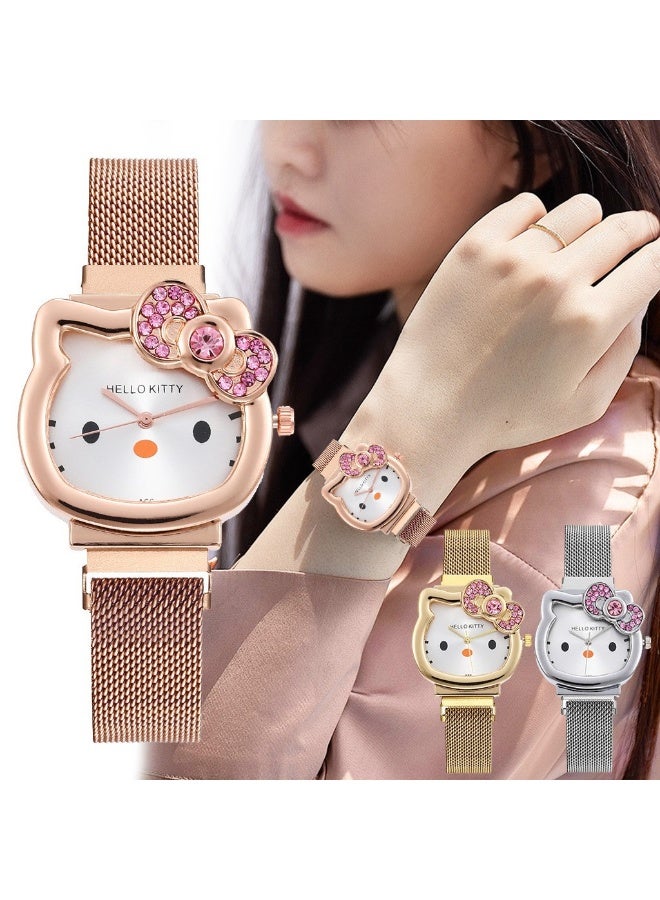 هاي هيلوك ساعة كريستالية مزينة بالأحجار - ساعة برباط مغناطيسي على شكل bow لطيف لقطط كارتونية للفتيات/المراهقات - Image 1