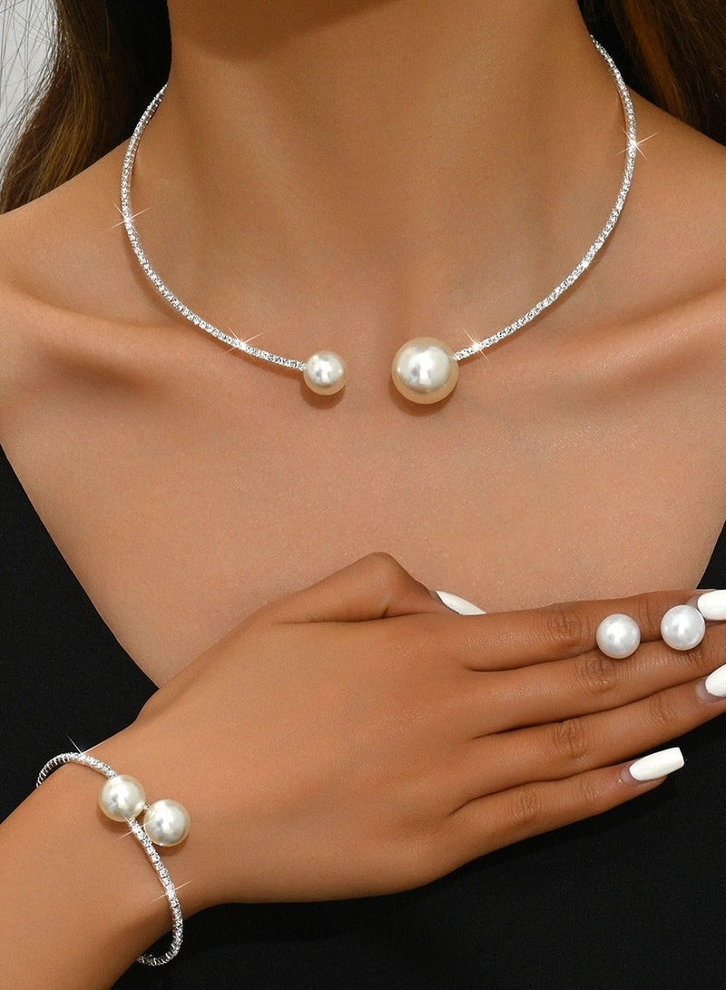 أوليس فيرس  مجموعة مجوهرات عرس أنيقة من الفصوص البراقة واللآلئ الاصطناعية: قلادة طوق وأقراط وسوار لحفلات الزفاف والمناسبات والهدايا - Image 2