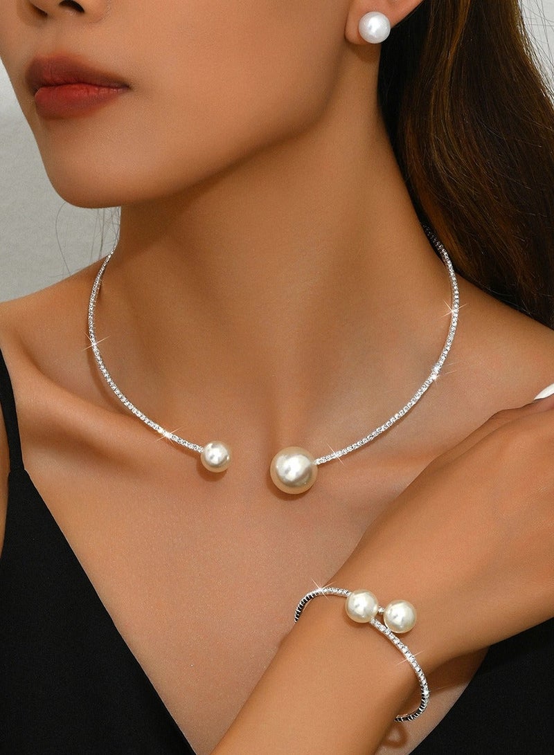 أوليس فيرس  مجموعة مجوهرات عرس أنيقة من الفصوص البراقة واللآلئ الاصطناعية: قلادة طوق وأقراط وسوار لحفلات الزفاف والمناسبات والهدايا - Image 1