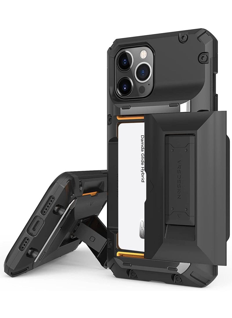 VRS Design Damda Glide Hybrid Wallet Case Cover for iPhone 12 Pro MAX [Semi Automatic] Credit Card Slot [3-4] with Kickstand - Black  - Image 1