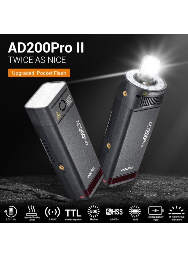 GODOX AD200Pro II TTL Pocket Flash – 200Ws High-Speed Sync Strobe with Interchangeable Flash Heads, 1/8000s HSS, Rechargeable Li-ion Battery, Compact Off-Camera Flash - Image 2