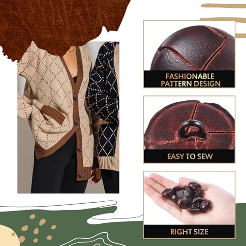Knitgrip 12 Pcs Brown 20 mm Genuine Leather Cover Buttons Football Buttons with Shank Sew for Clothes Dress Coats Jackets Sweaters Blazers Jeans Handicrafts Fall Sewing Accessories - Image 3