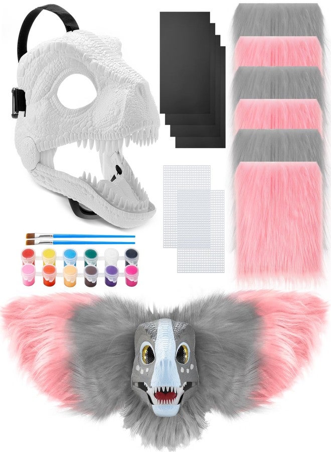 Seenelling 13 Pcs DIY Dino Mask Kit Hard Plastic Dinosaur Mask Furry Therian Dino Costume Kit Animal Dinosaur Party Costume(Gray, Pink) - Image 1