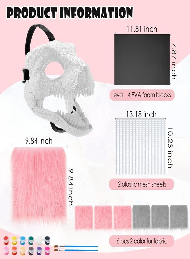 Seenelling 13 Pcs DIY Dino Mask Kit Hard Plastic Dinosaur Mask Furry Therian Dino Costume Kit Animal Dinosaur Party Costume(Gray, Pink) - Image 2
