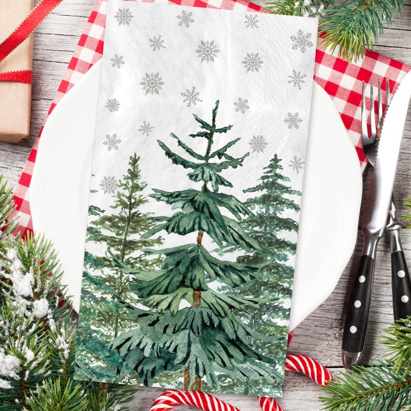 JarThenaAMCS مناديل ضيوف عيد الميلاد القابلة للاستخدام لمرة واحدة 100 قطعة مع أشجار الصنوبر الثلجية - Image 3