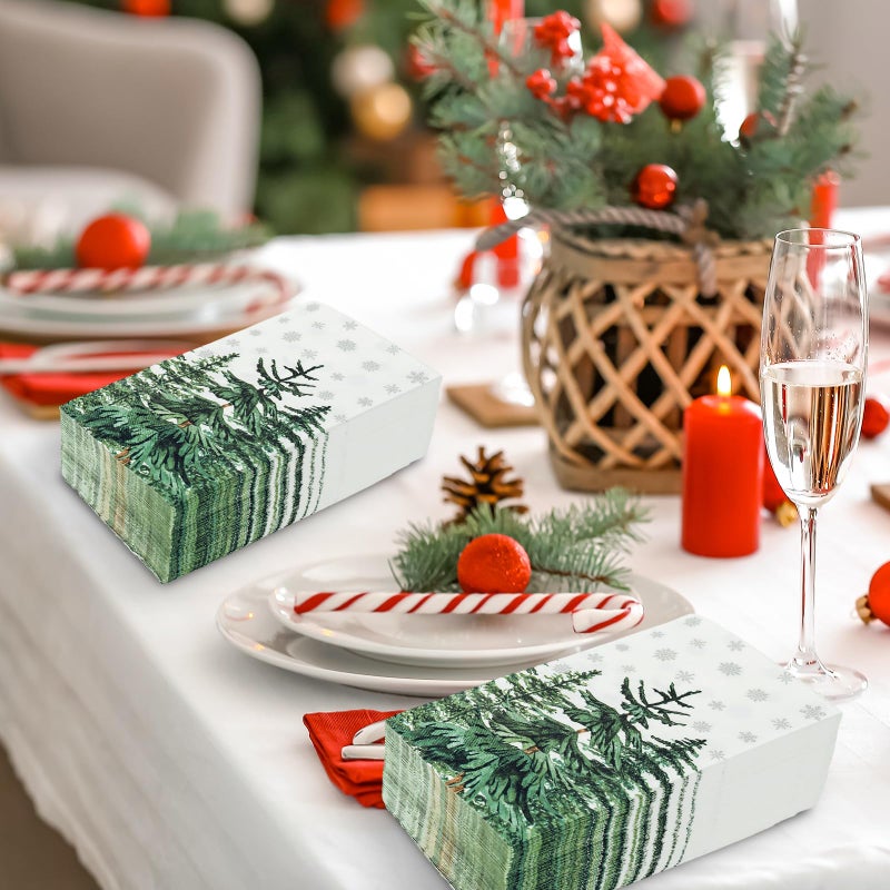 JarThenaAMCS مناديل ضيوف عيد الميلاد القابلة للاستخدام لمرة واحدة 100 قطعة مع أشجار الصنوبر الثلجية - Image 4
