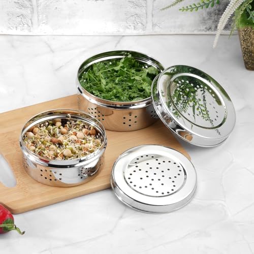 Konquer TimeS Sprouts Maker Box Stainless Steel - Set of 3, Coriander Storage Container for Fridge with Air Ventilation, Sturdy & Durable, Herbs Container, Puri Dabba - Size 7,8 & 9 - Image 3