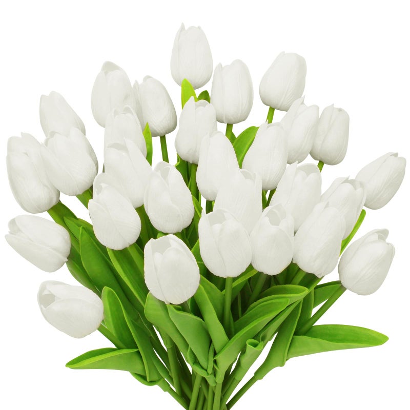 Pseutio 28pcs White Flowers Artificial Tulip Stems Real Feel PU Tulips for Easter Spring Wreath Wedding Bouquet Centerpiece Floral Arrangement Cemetery Table DÃ©cor 13" Tall - Image 1