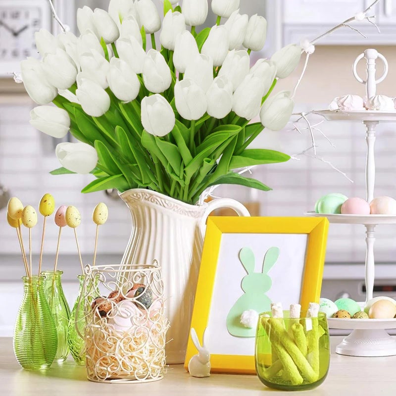Pseutio 28pcs White Flowers Artificial Tulip Stems Real Feel PU Tulips for Easter Spring Wreath Wedding Bouquet Centerpiece Floral Arrangement Cemetery Table DÃ©cor 13" Tall - Image 3