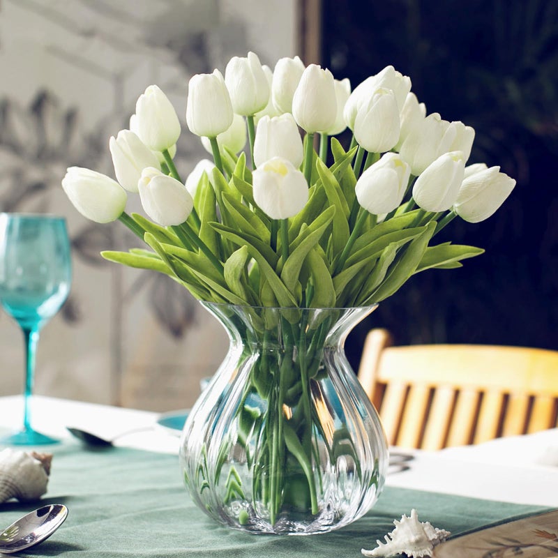 Pseutio 28pcs White Flowers Artificial Tulip Stems Real Feel PU Tulips for Easter Spring Wreath Wedding Bouquet Centerpiece Floral Arrangement Cemetery Table DÃ©cor 13" Tall - Image 4