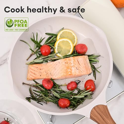 R RUNILEX Non-Stick Frying Pan with Wooden Finish Soft Touch Handle, 2.5mm Thickness, Consumes Less Oil, Even Heat Distribution, Induction Bottom and Gas Ready (White, 20cm) - Image 2