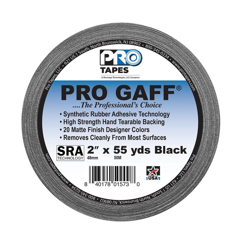 Pro Tapes شريط غافر برو تيبس - 2 بوصة × 55 ياردة، قماش أسود غير لامع مع لاصق مطاطي - Image 2