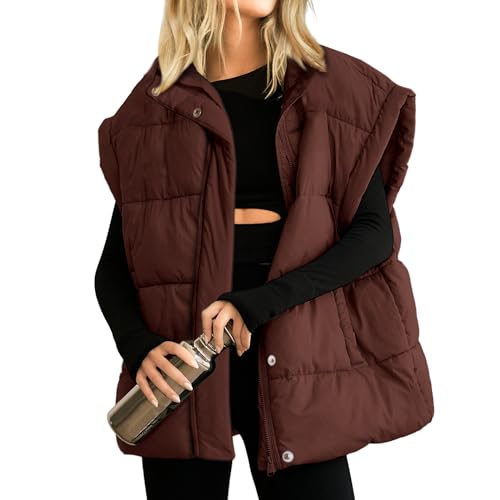 Songling Womens Oversized Puffer Vest Stand Collar Full Zip Sleeveless Bubble Puffer Vest Quilted Padded Warm Coat Outwear (Brown,S) - Image 1