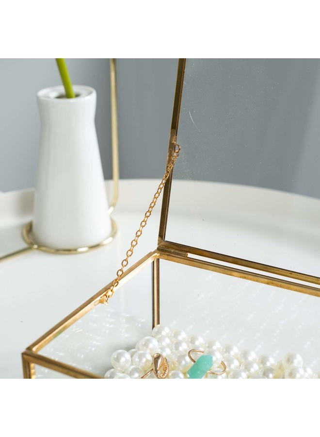 Levilan Golden Vintage Glass Lidded Box Edge Bracelet Keepsake Decorative Jewelry Display Personalized Large Clear Rectangle Box Rings Bracelet Golden Organizer Home Decor (8x4.5x2in) - Image 5