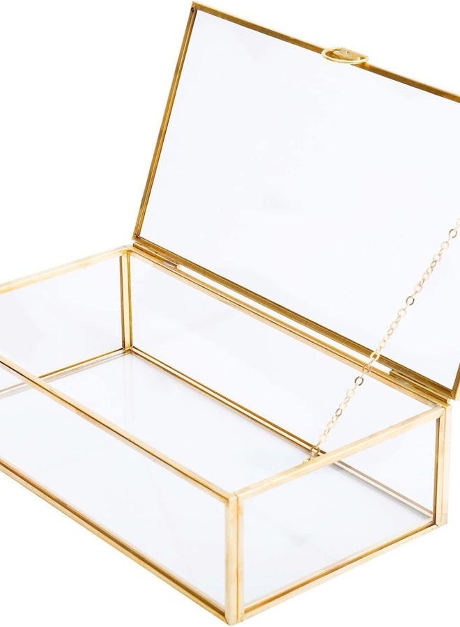 Levilan Golden Vintage Glass Lidded Box Edge Bracelet Keepsake Decorative Jewelry Display Personalized Large Clear Rectangle Box Rings Bracelet Golden Organizer Home Decor (8x4.5x2in) - Image 1