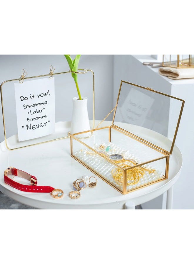 Levilan Golden Vintage Glass Lidded Box Edge Bracelet Keepsake Decorative Jewelry Display Personalized Large Clear Rectangle Box Rings Bracelet Golden Organizer Home Decor (8x4.5x2in) - Image 3