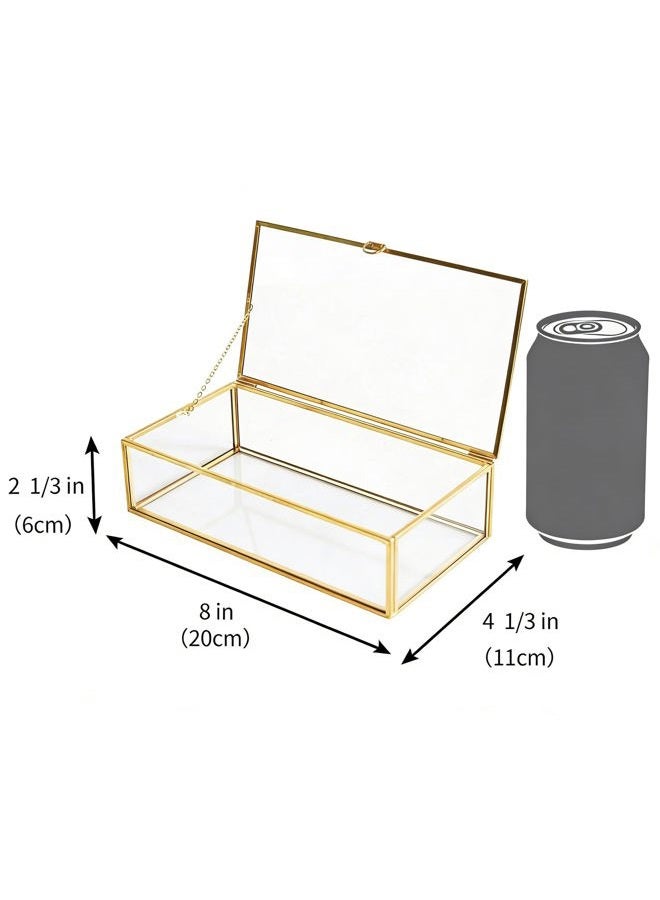 Levilan Golden Vintage Glass Lidded Box Edge Bracelet Keepsake Decorative Jewelry Display Personalized Large Clear Rectangle Box Rings Bracelet Golden Organizer Home Decor (8x4.5x2in) - Image 2