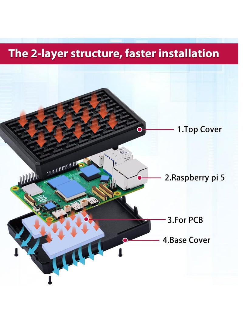 إكسفور Raspberry Pi 5 Armor Case with Passive Cooling, Aluminum Metal Case with Heat-Conducting Sticker Heatsink Cooler for Raspberry Pi 5 4GB/8GB - Image 3