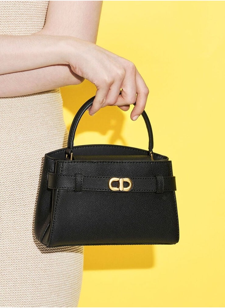 Charles & Keith - Aubrielle Metallic-Buckle Top Handle Bag & Crossbody Bag - Black - Image 1