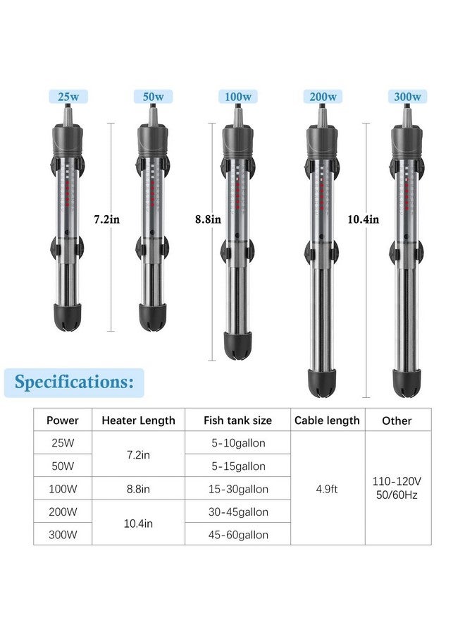 HITOP 25W 50W 100W 200W 300W Adjustable Aquarium Heater, Submersible Fish Tank Heater Thermostat with Suction Cup (50W) - Image 2