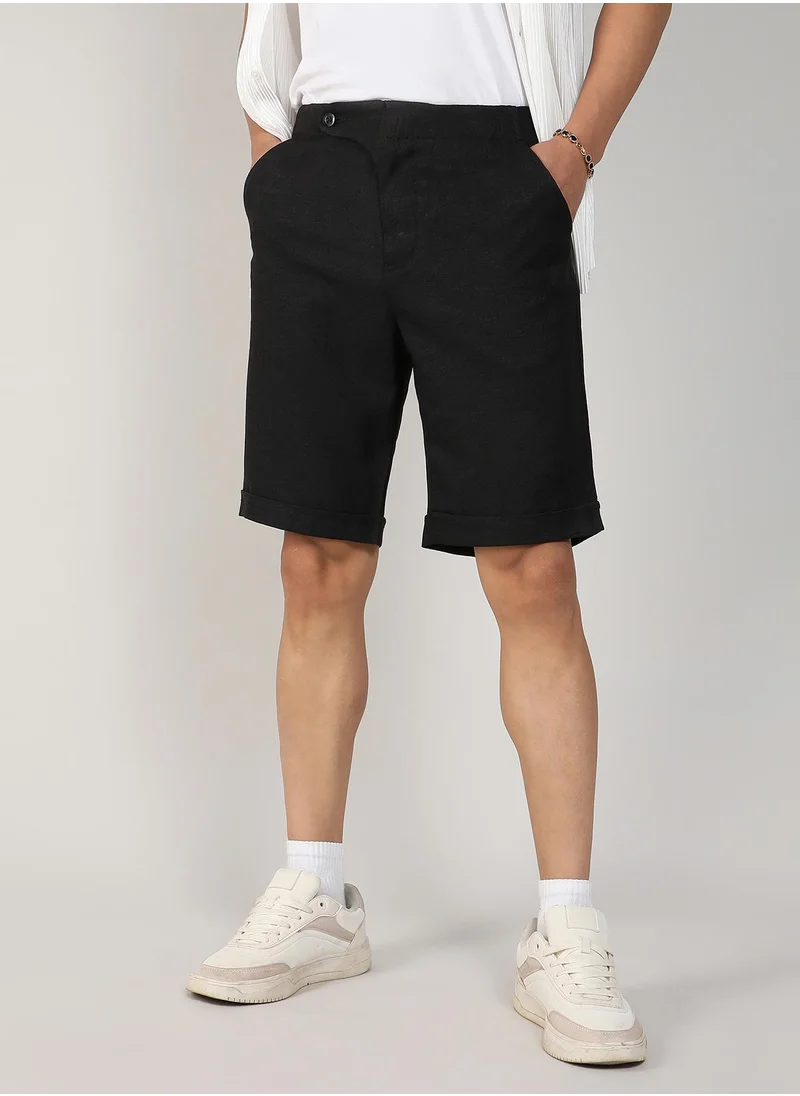 Campus Sutra Men's Onyx Black Tailored Poly-Linen Shorts