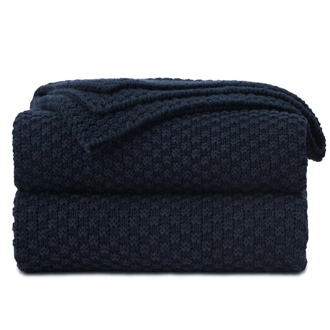 DARK NAVY BLUE KNITTED THROW BLANKET FOR COUCH SOFT COZY MACHINE WASHABLE 100 COTTON SOFA KNIT BLANKETS HEAVY 30LB WEIGHT 51 X 63 INCHES DARK NAVY BLUE COLOR