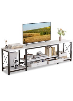 Lafulaifu TV Stand with 2 Fabric Drawers, 69 Inch Small Entertainment Center with Open Storage Shelves, Media Console Table for Bedroom, Living Room, White  - Image 1