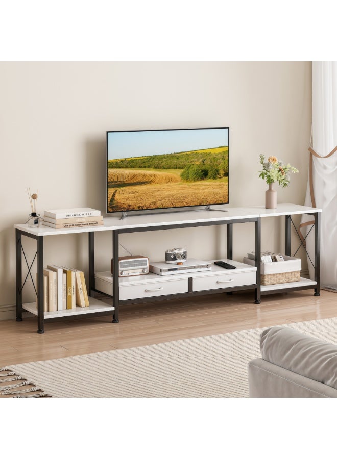 ALIVINGHOME TV Stand with 2 Fabric Drawers, 69 Inch Small Entertainment Center with Open Storage Shelves, Media Console Table for Bedroom, Living Room, White - Image 1