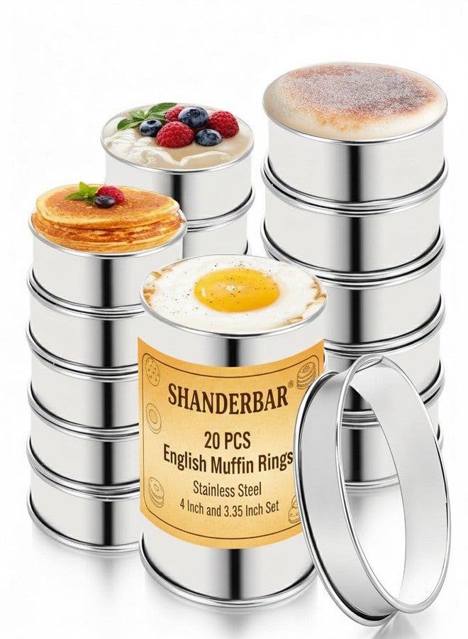 SHANDERBAR 20 PCS English Muffin Rings - 4 Inch and 3.35 Inch Set Stainless Steel Crumpet Rings, Nonstick Muffin Pastry Cake Cookie Ring, Double Rolled Metal Round Tart Ring Egg Molds for Home Baking Cooking - Image 1