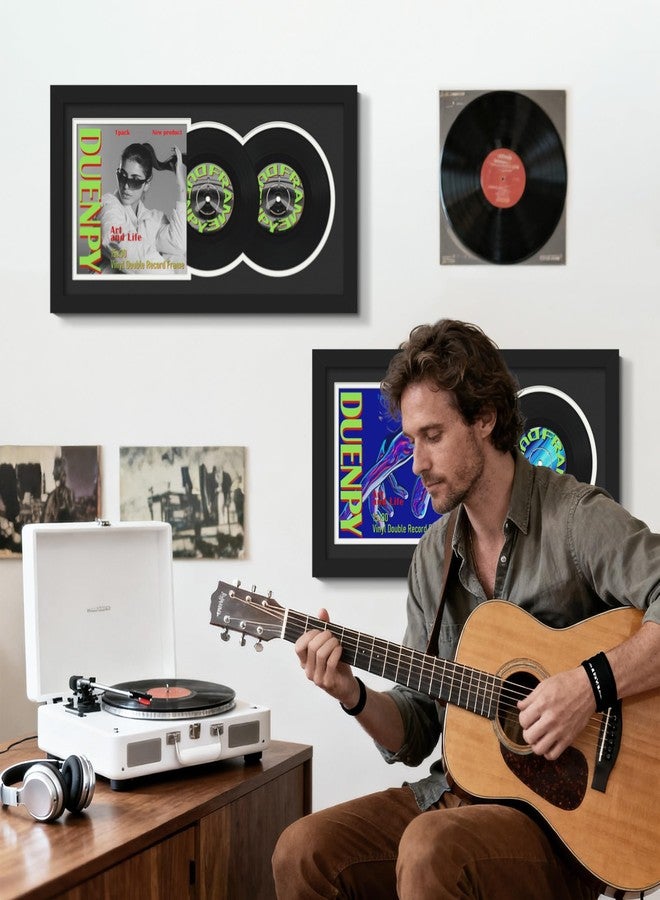 DUENPY Vinyl Record Display Frame 15.1x30 Inches Display Record Album and 12.5x12.5 Album Cover Art Wall Mount Black White Mat - Image 2