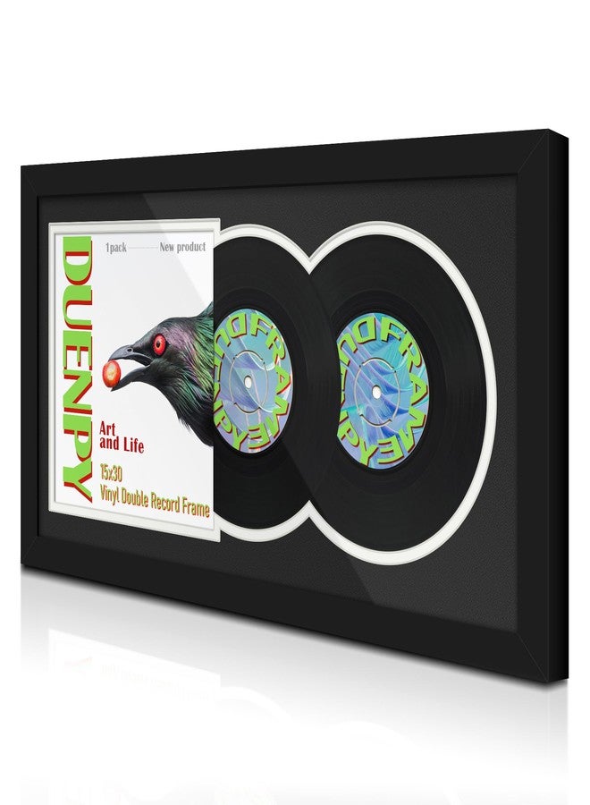 DUENPY Vinyl Record Display Frame 15.1x30 Inches Display Record Album and 12.5x12.5 Album Cover Art Wall Mount Black White Mat - Image 1